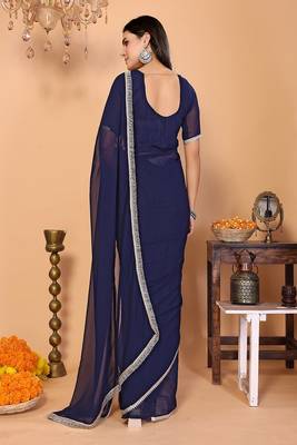 blue wedding party & festive georgette embellished saree with blouse 2