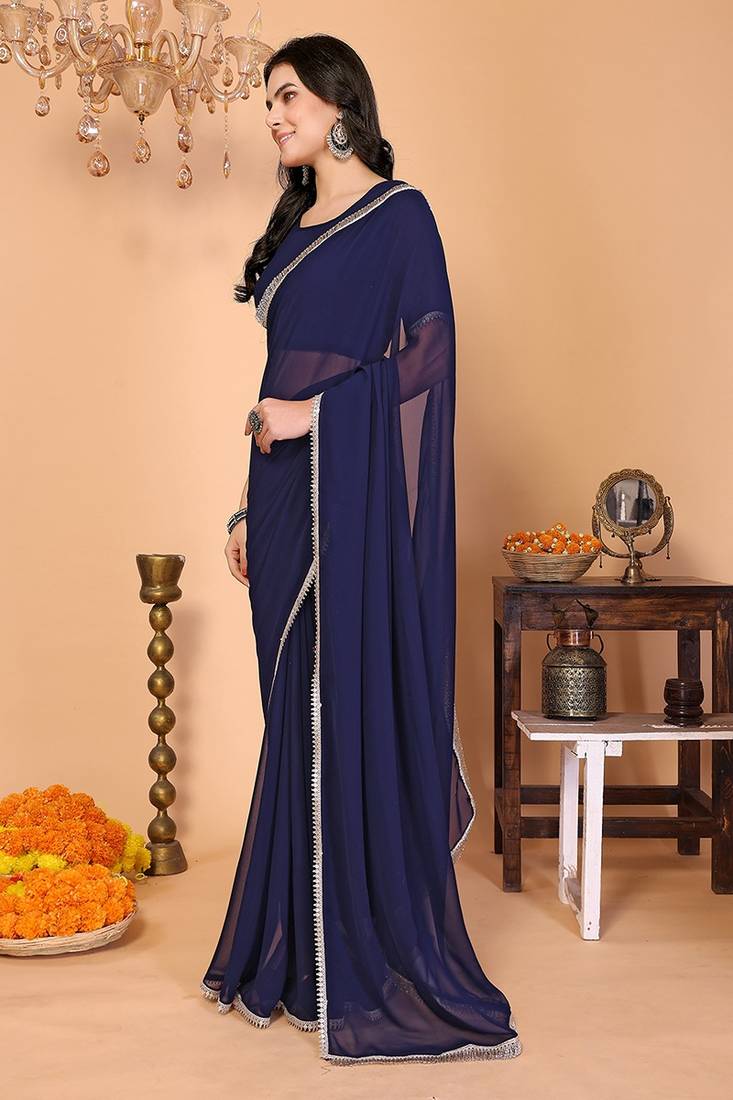 blue wedding party & festive georgette embellished saree with blouse