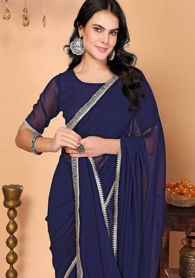 blue wedding party & festive georgette embellished saree with blouse 4