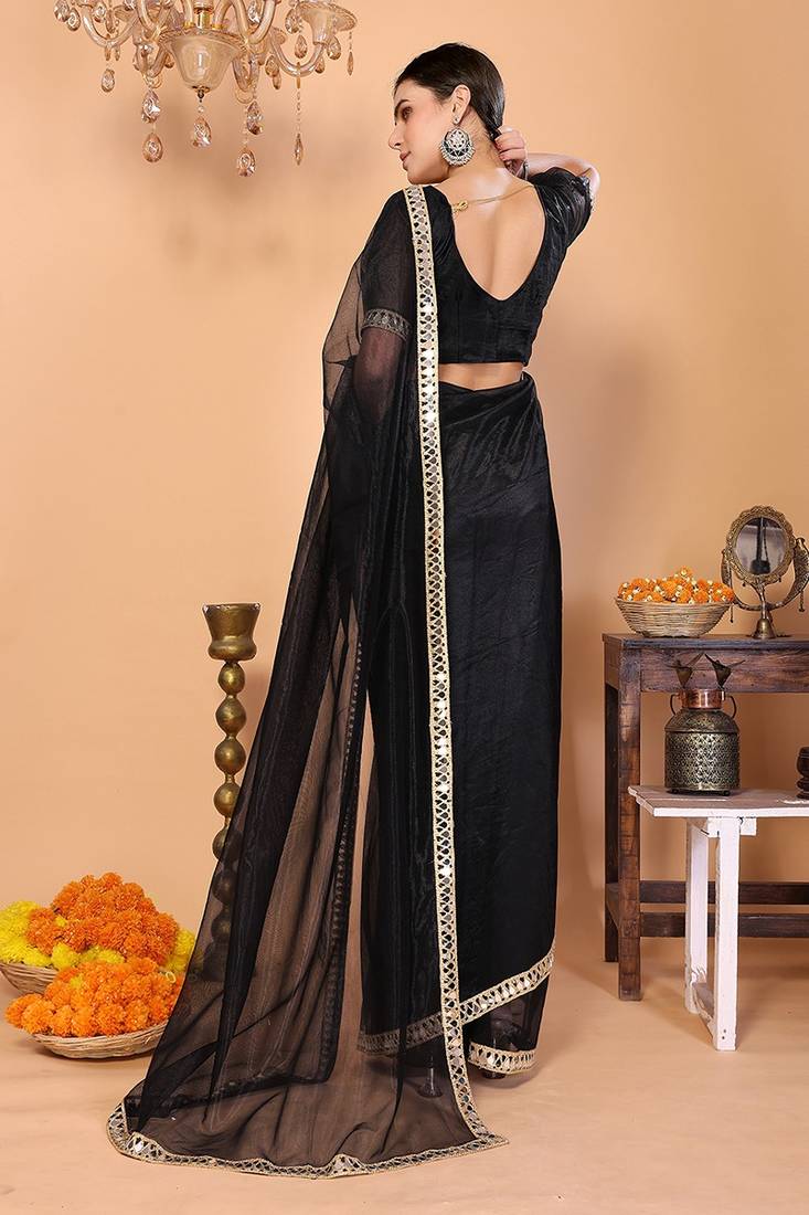 black wedding party & festive organzatemple border saree with blouse