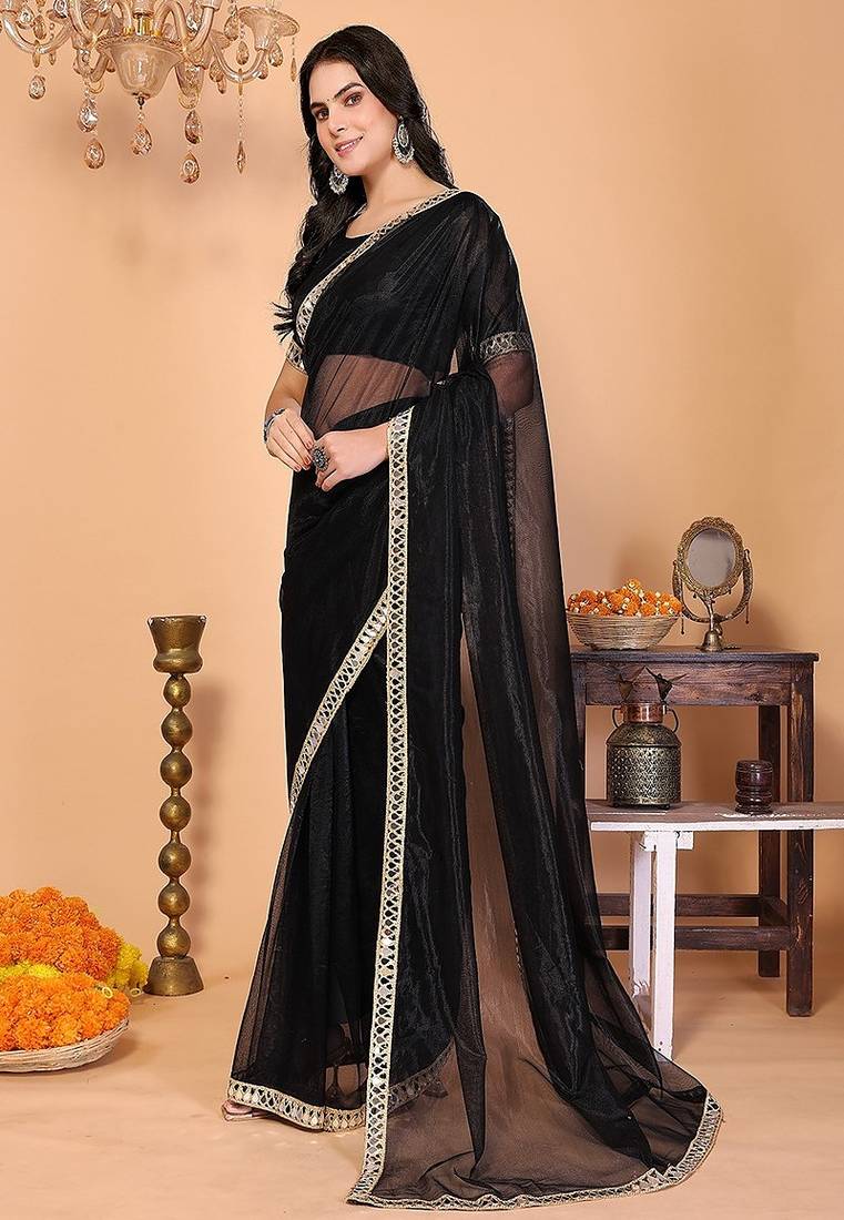black wedding party & festive organzatemple border saree with blouse