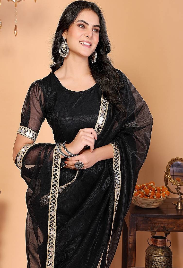 black wedding party & festive organzatemple border saree with blouse