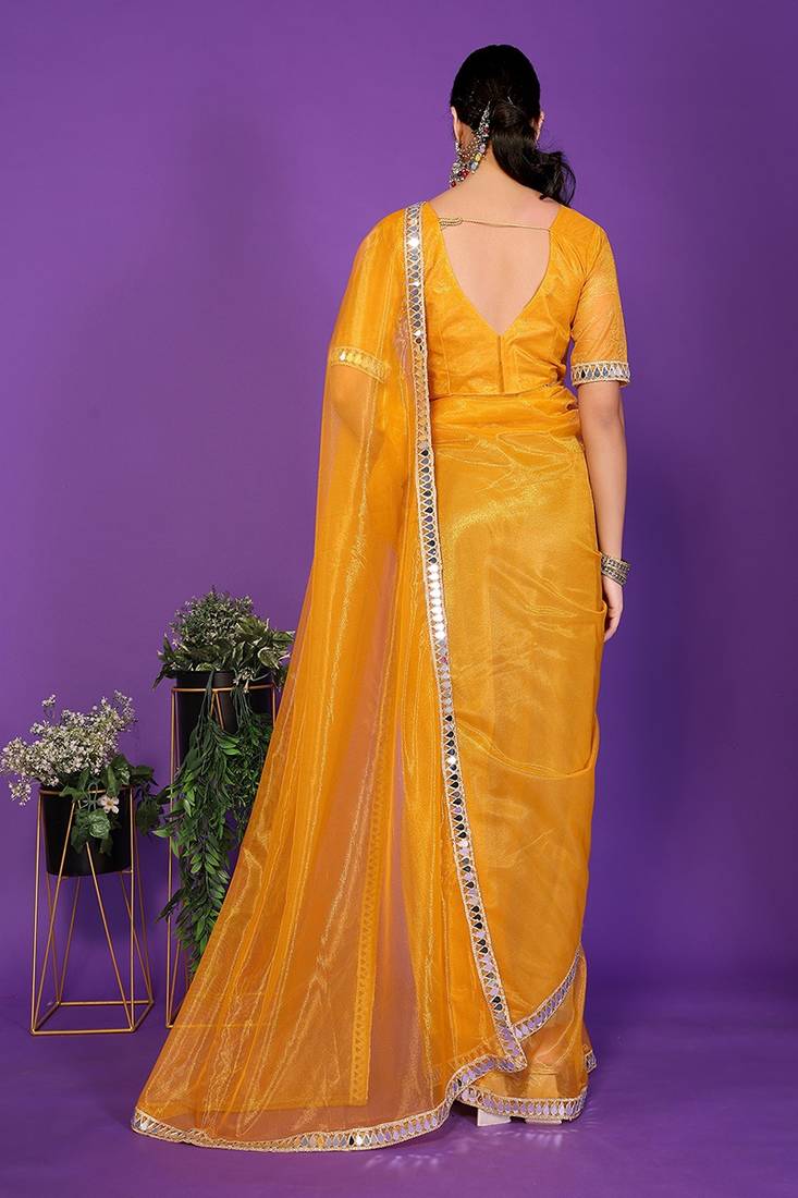 gold wedding party & festive organzatemple border saree with blouse