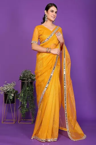 gold wedding party & festive organzatemple border saree with blouse