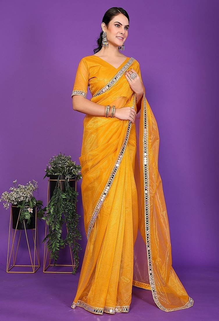 gold wedding party & festive organzatemple border saree with blouse