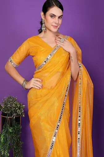 gold wedding party & festive organzatemple border saree with blouse
