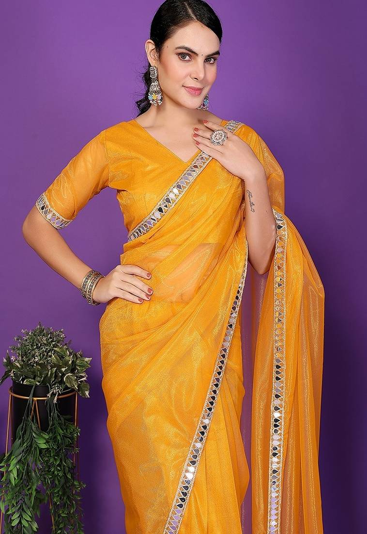 gold wedding party & festive organzatemple border saree with blouse