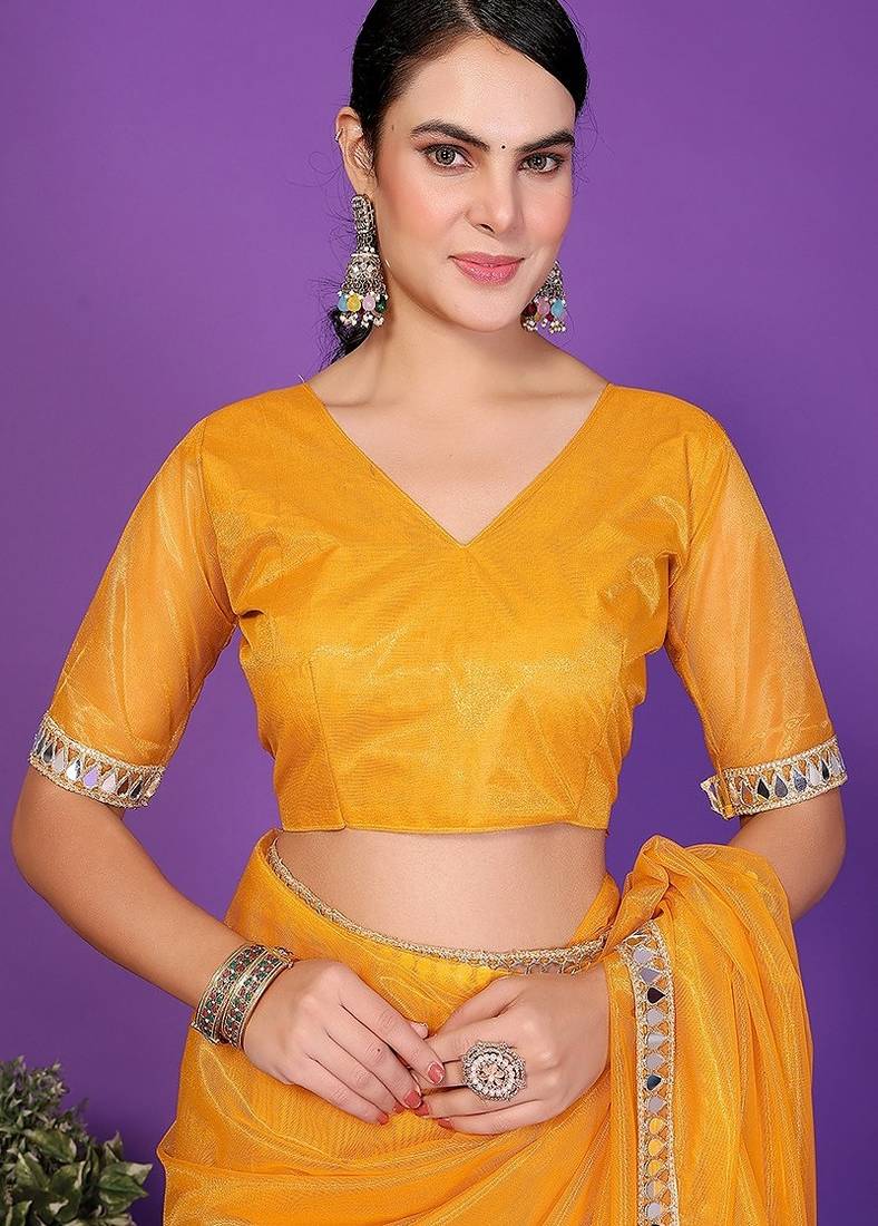 gold wedding party & festive organzatemple border saree with blouse
