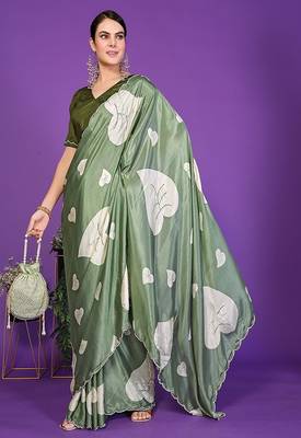 green wedding party & festive art silk floral print saree with blouse 1