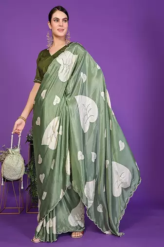 green wedding party & festive art silk floral print saree with blouse