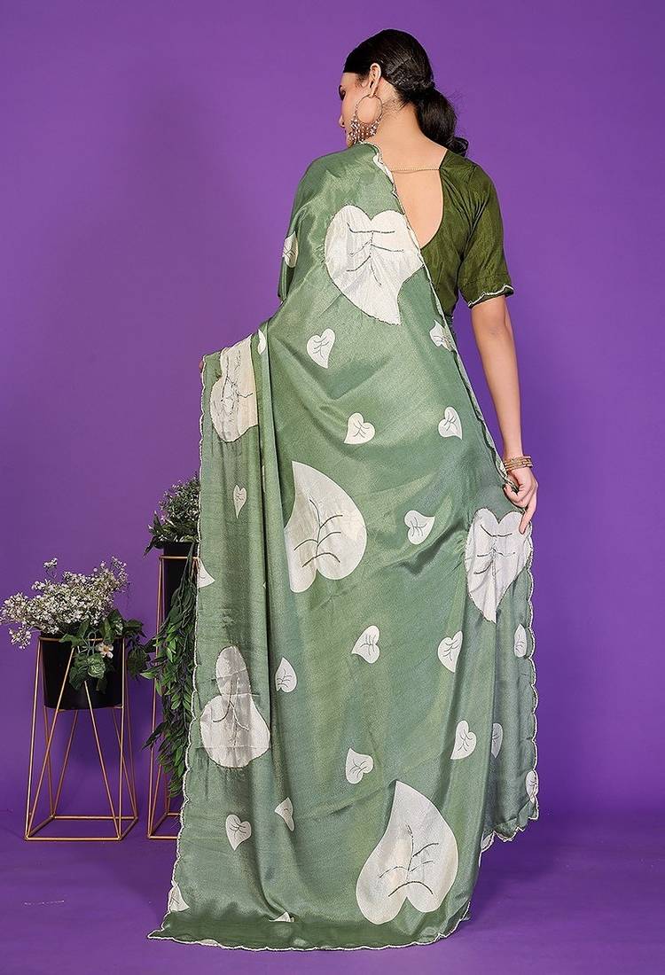 green wedding party & festive art silk floral print saree with blouse