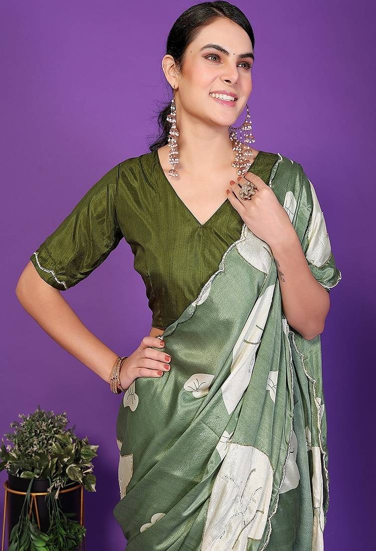 green wedding party & festive art silk floral print saree with blouse