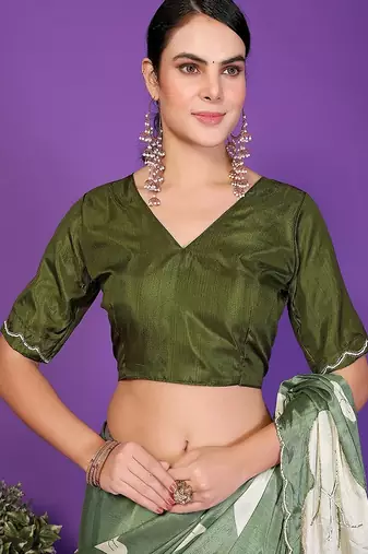 green wedding party & festive art silk floral print saree with blouse