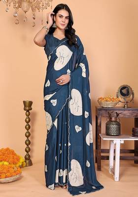 teal wedding party & festive art silk floral print saree with blouse 1