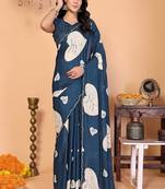 teal wedding party & festive art silk floral print saree with blouse