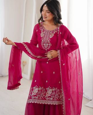 Traditional dark pink embroidered kurta with flowy palazzo 3