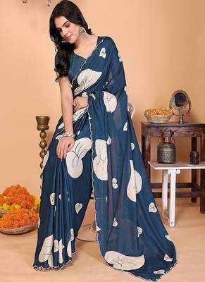 teal wedding party & festive art silk floral print saree with blouse 3