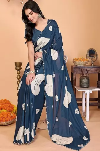 teal wedding party & festive art silk floral print saree with blouse