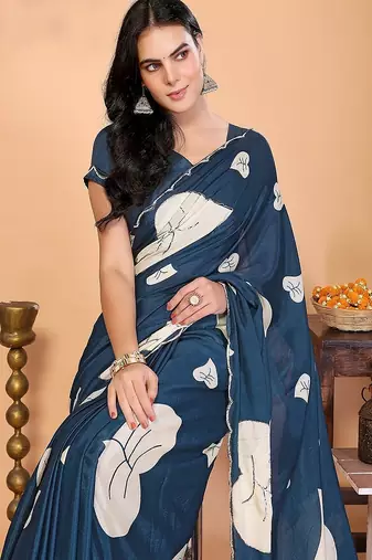teal wedding party & festive art silk floral print saree with blouse
