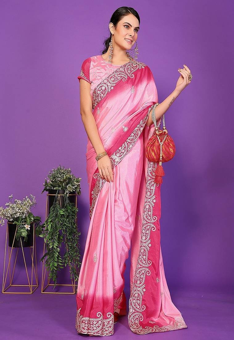 pink wedding party & festive art silk embroidered saree with blouse