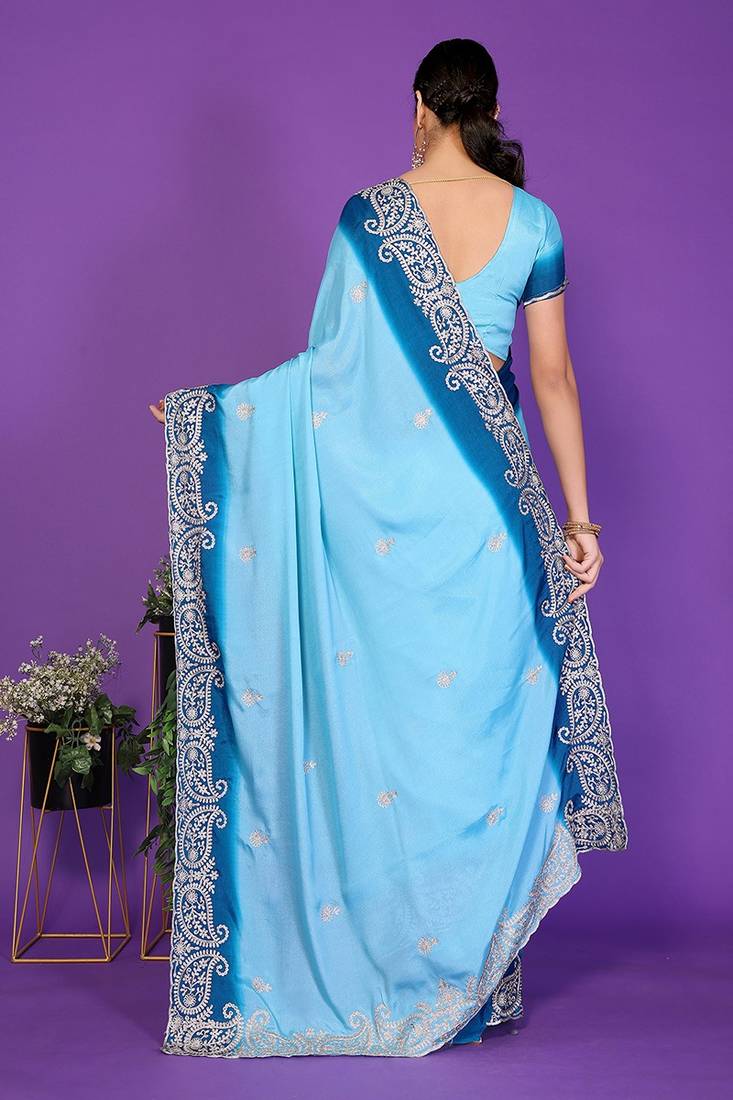 blue wedding party & festive art silk embroidered saree with blouse