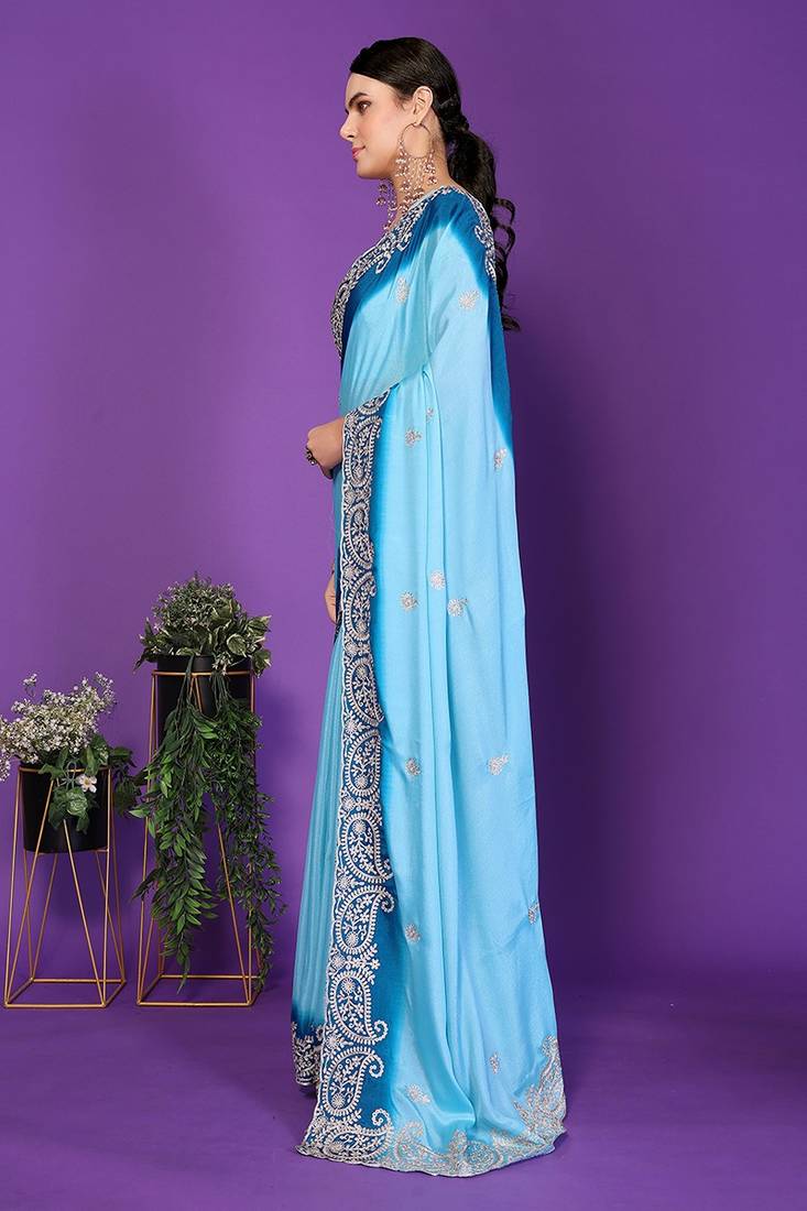 blue wedding party & festive art silk embroidered saree with blouse