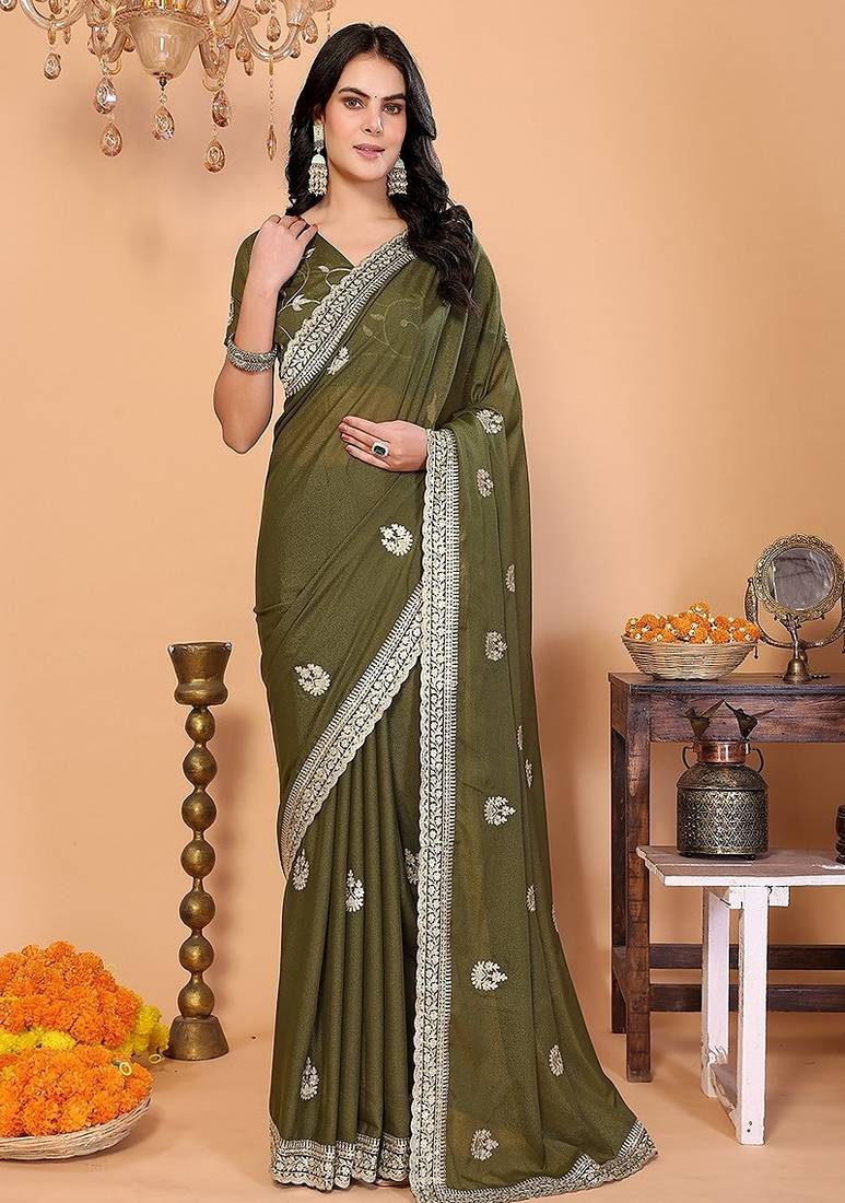 green wedding party & festive art silk embroidered saree with blouse