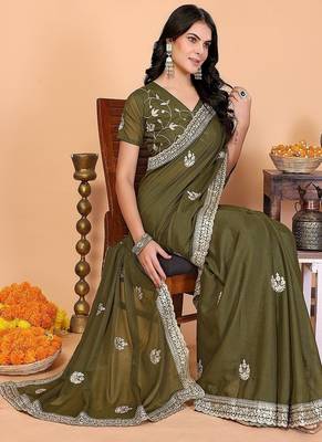 green wedding party & festive art silk embroidered saree with blouse 3