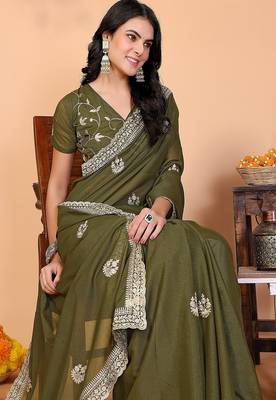 green wedding party & festive art silk embroidered saree with blouse 4