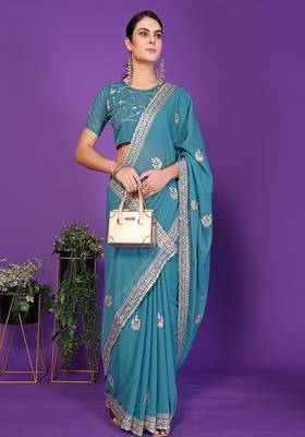 blue wedding party & festive art silk embroidered saree with blouse 1