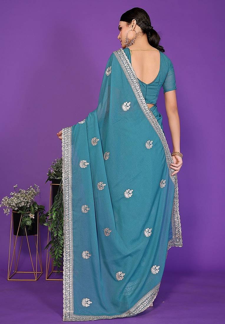 blue wedding party & festive art silk embroidered saree with blouse