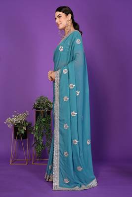 blue wedding party & festive art silk embroidered saree with blouse 3
