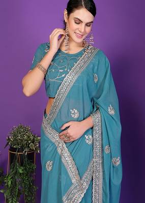 blue wedding party & festive art silk embroidered saree with blouse 4