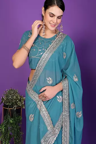 blue wedding party & festive art silk embroidered saree with blouse