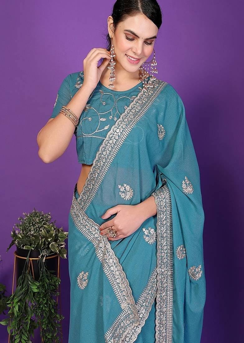 blue wedding party & festive art silk embroidered saree with blouse
