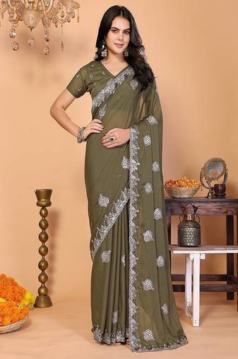 olive wedding party & festive art silk embroidered saree with blouse