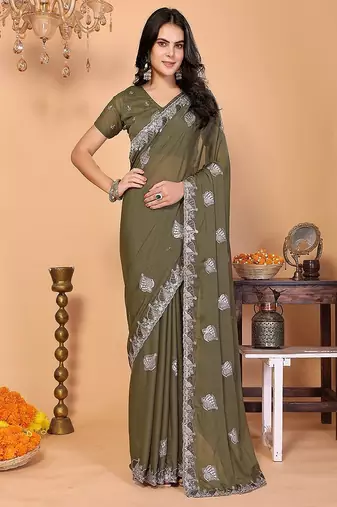 olive wedding party & festive art silk embroidered saree with blouse