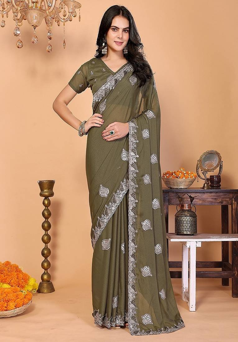 olive wedding party & festive art silk embroidered saree with blouse