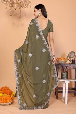 olive wedding party & festive art silk embroidered saree with blouse 2