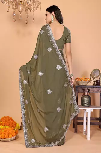 olive wedding party & festive art silk embroidered saree with blouse