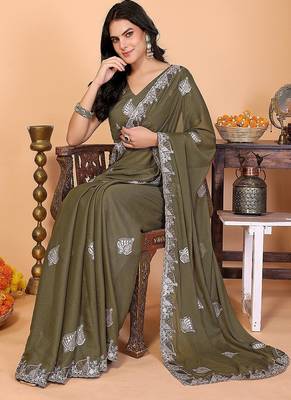 olive wedding party & festive art silk embroidered saree with blouse 3