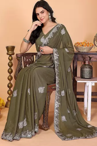 olive wedding party & festive art silk embroidered saree with blouse