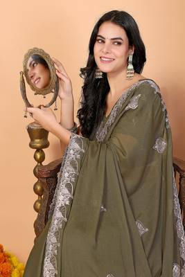 olive wedding party & festive art silk embroidered saree with blouse 4