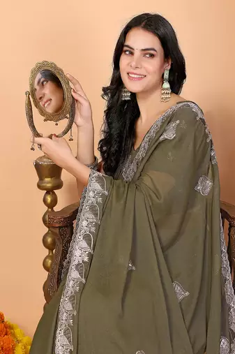 olive wedding party & festive art silk embroidered saree with blouse