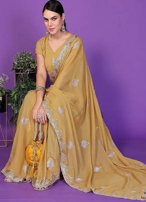 yellow wedding party & festive art silk embroidered saree with blouse 1