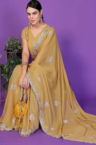 yellow wedding party & festive art silk embroidered saree with blouse