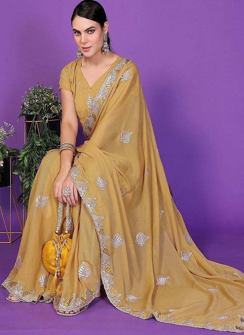 yellow wedding party & festive art silk embroidered saree with blouse