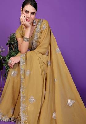 yellow wedding party & festive art silk embroidered saree with blouse 3