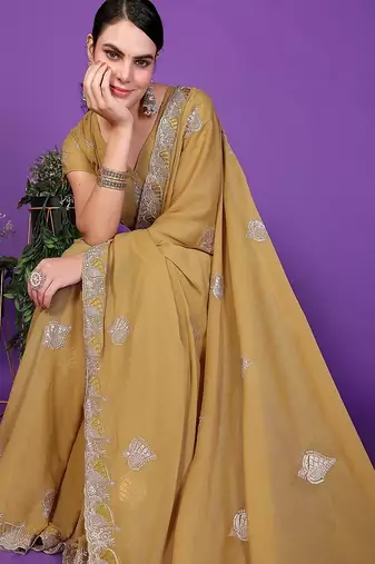 yellow wedding party & festive art silk embroidered saree with blouse