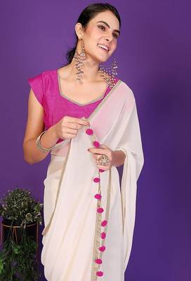 white wedding party & festive georgette solid/plain saree with blouse 1